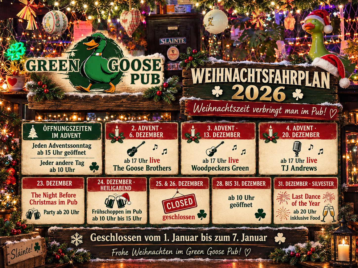 Weihnachtsfahrplan 2026 des Green Goose Pub mit allen Terminen im Advent und über die Feiertage